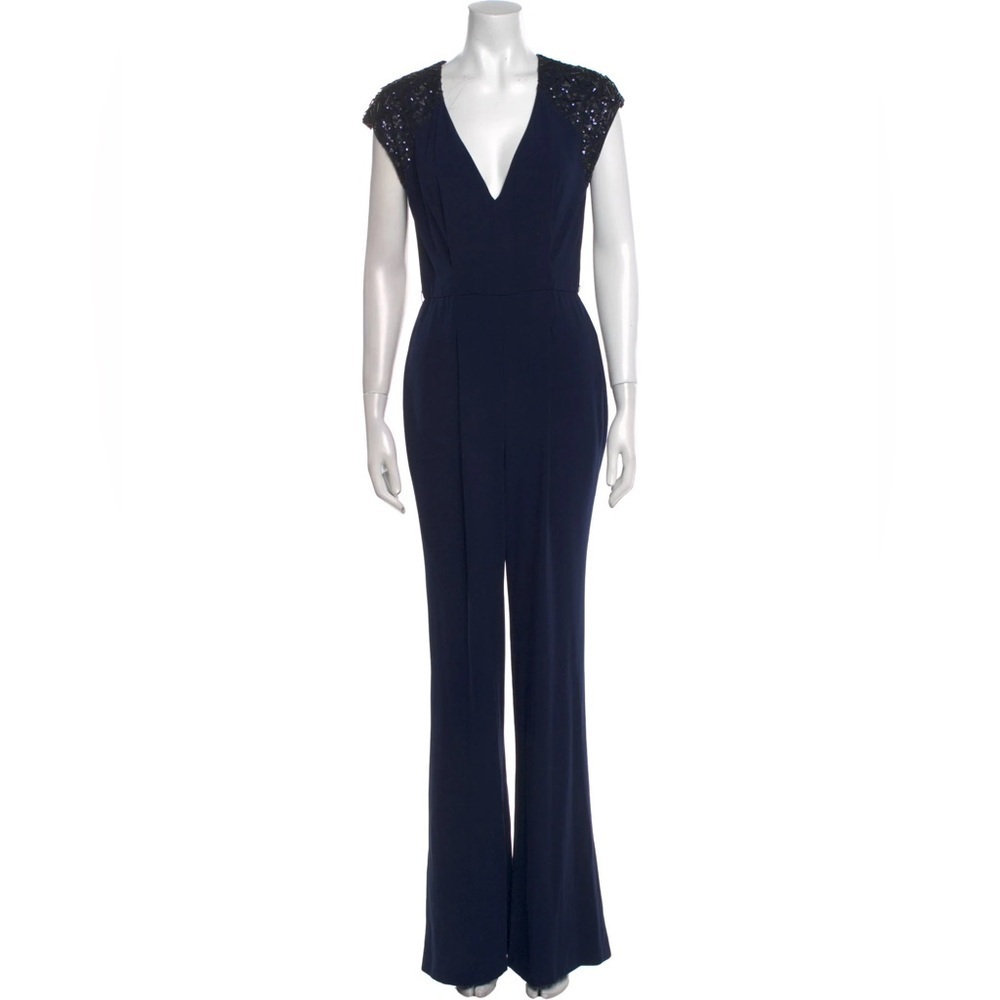 Halston Heritage Navy Formal Jumpsuit โข Sequin Cap Sleeves